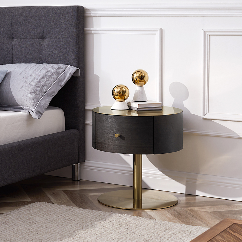 tölgy színű arany fém rozsdamentes acél éjjeliszekrény modern luxus kerek éjjeliszekrény asztal