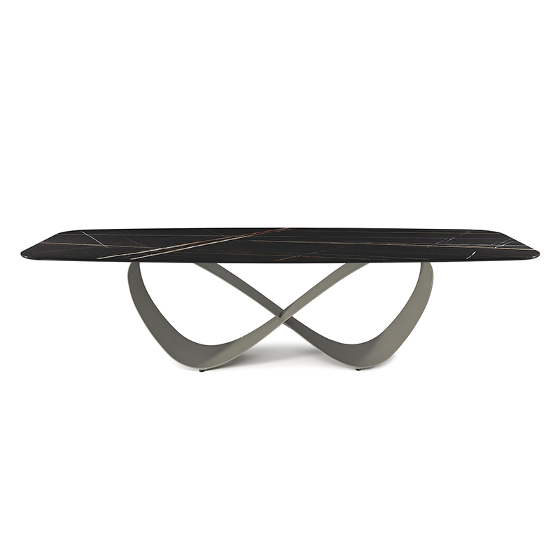 Olasz csúcsminőségű testreszabott rozsdamentes acél modern hosszú luxus téglalap alakú fekete szinterelt kő étkezőasztal 12 ülés